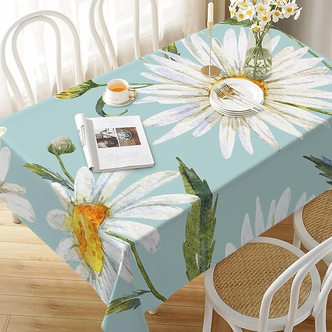 Decorative Rectangle Table Cloths Watercolor Floral Daisy White Chamomile Plant Green Tablecloth Table Cover for Dining/BBQ/Picnic/Coffee Table 52 X 70 Inches
