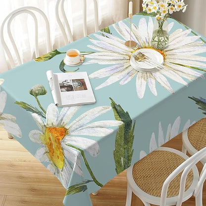 Decorative Rectangle Table Cloths Watercolor Floral Daisy White Chamomile Plant Green Tablecloth Table Cover for Dining/BBQ/Picnic/Coffee Table 52 X 70 Inches