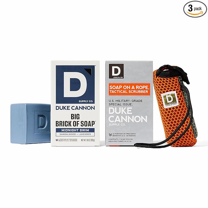 Duke Cannon Tactical Scrubber & Midnight Swim Soap Bundle - Refreshing Aquatic Scent, Coarse & Soft Mesh, 550-Mil-Spec Paracord, Military-Grade Soap Pouch