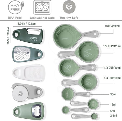 Kitchen Gadgets Set 13 Piece, Space Saving Cooking Tools Includes Collapsible Measuring Cups Measuring Spoons and Stackable Kitchen Gadgets for Small Space, RV Essentials Camper Accessories