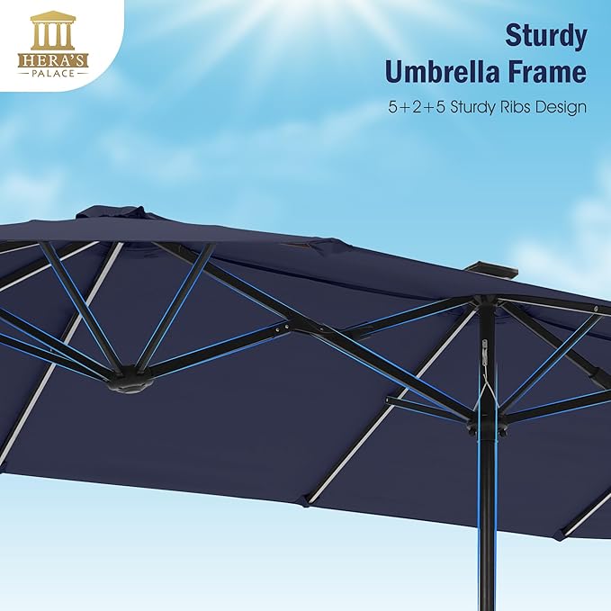 HERA'S PALACE 13 ft Patio Umbrella with 120 LED Solar Lights Double Sided Outdoor Umbrella for Patio 8 Colors Changing Table Umbrella for Garden Pool, Navy Blue