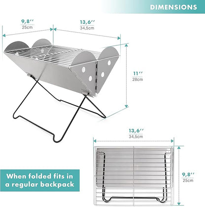 Vaygway Flatpack Portable Foldable Stainless Steel Grill and Fire Pit- Premium Quality Portable Travelling BBQ Grill- Wood Burning Charcoal Grill- For Camping, Hiking, Picnics (1 Pack)