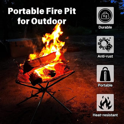 BeGrit Portable Fire Pit for Camping, 16.5" Wood Burning Fire Pits for Outdoor, 304 Stainless Steel Mesh Firepit for BBQ, Bonfire, Backyard, Garden, Patio (with Carrying Bag & Gloves)