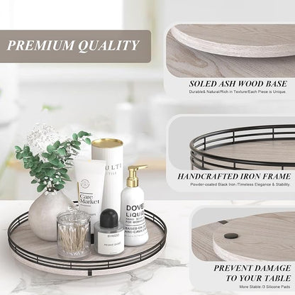 AMH 13-Inch Rustic Whitewashed Oak Lazy Susan Vanity Tray | Smooth rotating oak tray with walnut finish for dining tables, kitchen counters, pantries and cabinet storage.