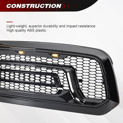 Glossy Black Front Grille Compatible with 2013-2018 Dodge Ram 1500, 2019-2023 Ram 1500 Classic, with Amber Lights (NO "RAM" LETTER)