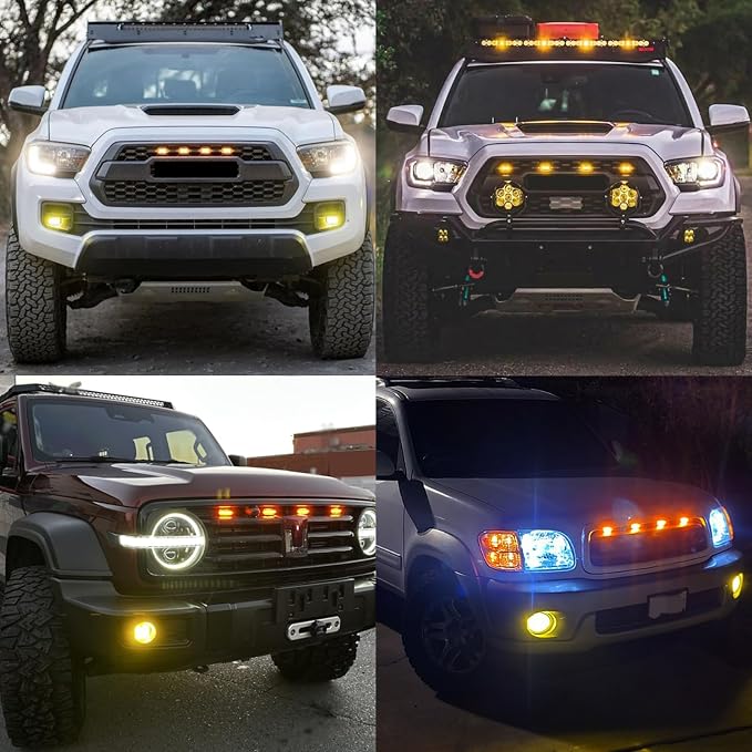 4PCS LED Grille Lights Yellow，Universal Clip-On Car Front,IP66 Smoked Lens,Compatible with Jeep Wrangler,Ford F150,Dodge Ram 1500,Toyota Tacoma