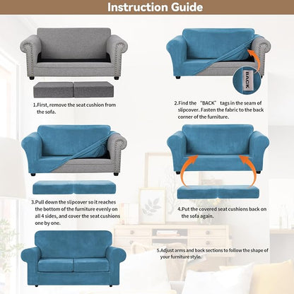 WEERRW Velvet Stretch 3 Pieces Couch Cover for Sofa Washable, Peacock Blue | Love Seat Couch Covers for 2 Cushion Couch Sofa Furniture Protector slipcoves with Elastic Bottom for Kids, Medium
