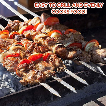 12PCS Kabob Skewers Flat Metal BBQ Barbecue Skewer 14" Long Stainless Steel Shish Kebob Sticks Wide Reusable Grilling Skewers Set for Meat Shrimp Chicken Vegetable, 12 Pack