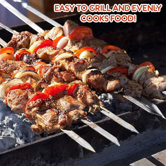 12PCS Kabob Skewers Flat Metal BBQ Barbecue Skewers 16" Long Hook Style Stainless Steel Shish Kebob Sticks Wide Sharp Reusable Grilling Skewers Set for Meat Shrimp Chicken Vegetable, 12 Pack