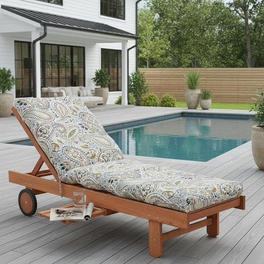 Modern Outdoor Chaise Lounge Cushion with Ties – Durable Polyester Fabric, Channel-Filled Polyfiber Insert, Removable Zippered Cover, Arctic Paisley
