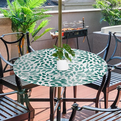 Fitted Round Tablecloth with Umbrella Hole and Zipper Abstract Nature Outdoor Elastic Table Cloth 36"-44" Oil-Proof Waterproof Green Nature Patio Table Cover for Picnic Party