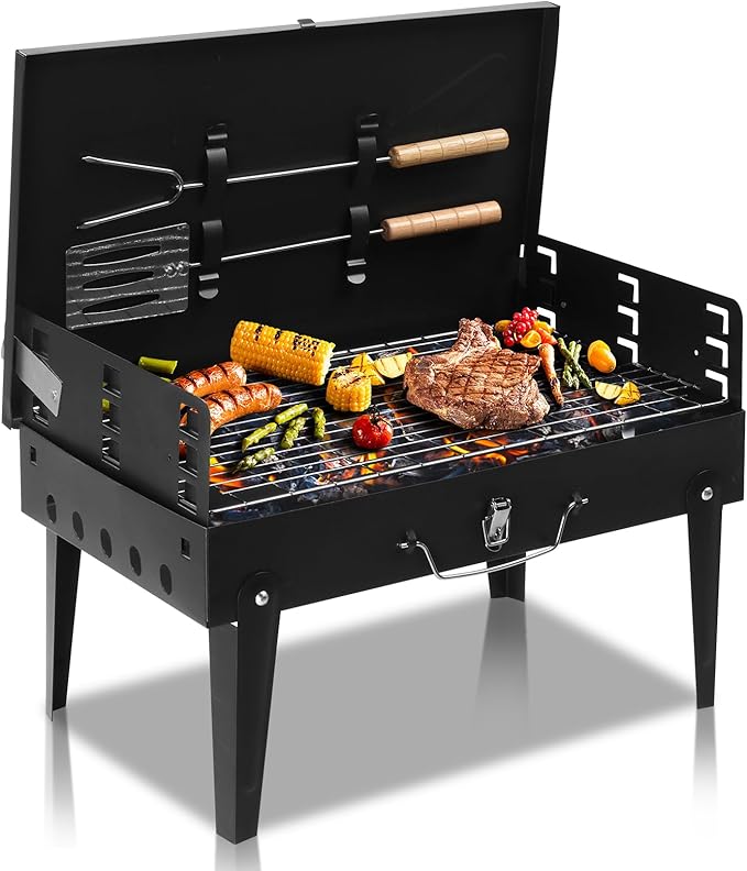 Portable Charcoal BBQ Grill, Foldable Barbecue Grill with Tool Hooks, Stainless Steel Charcoal Barbecues for Outdoor Camping, Picnic, Garden Party, Travel, 44×27×22 cm