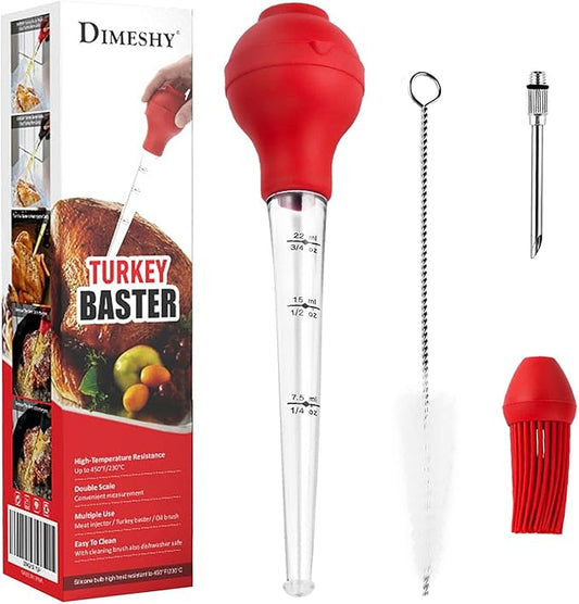 DIMESHY Turkey Baster Food Grade for Cooking & Basting, Detachable Round Bulb, Baster Cooking Good for Meat Poultry Beef Chicken, with Cleaning brush, inject needle, Basting brush(red)