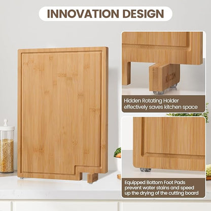 Kikcoin Bamboo Cutting Boards for Kitchen, Extra Large Wood Cutting Board with Rotating Kickstand & Juice Groove, Wooden Chopping Board for Meats Veges Fruits, Heavy Duty Serving Tray, 17 x 11.3 inch