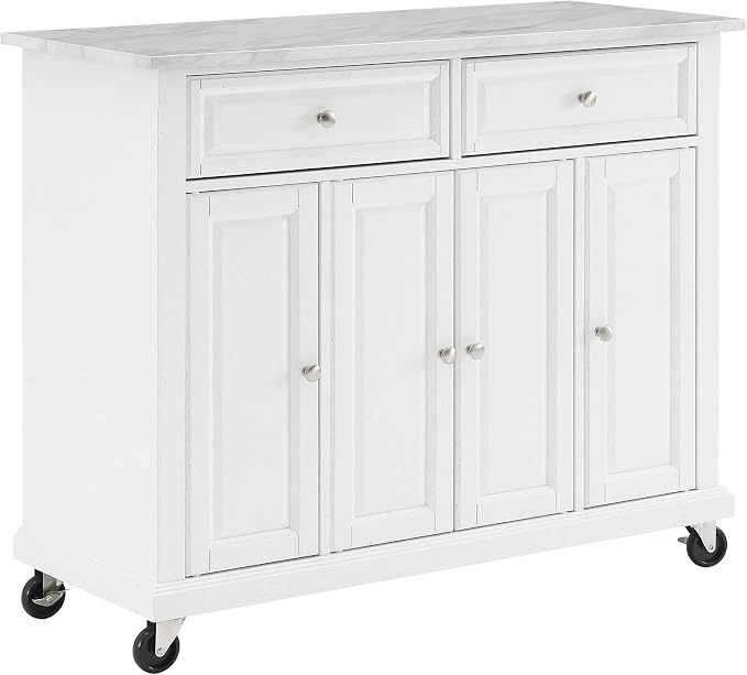 Crosley Furniture Avery Rolling Kitchen Island Storage Cart with Shelves, Microwave Stand, Coffee Bar, Distressed White