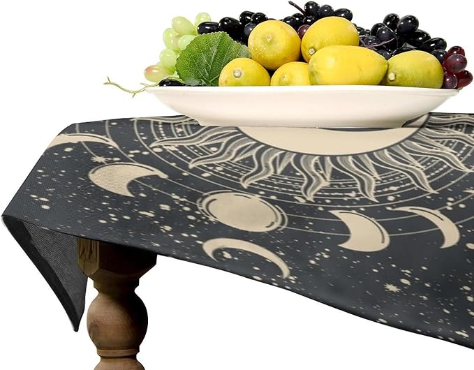 Vintage Tarot Tablecloth Boho Mystical Astrologer Zodiac Full Moon Phases Star Galaxy Space Table Cloth Water Resistant Wipeable Table Cover for Picnic Party Holiday Kitchen Dinner Table 55"x55"