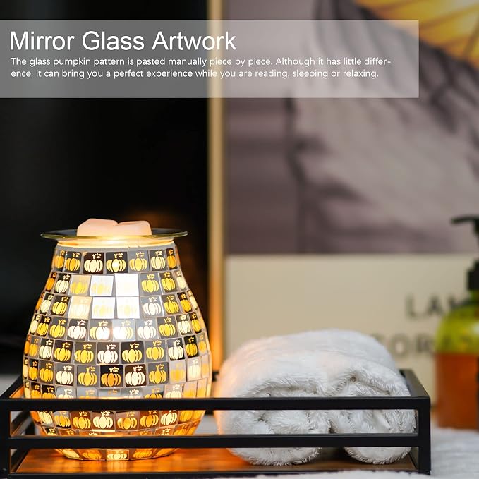 Dicimi Pumpkin Wax Melt Warmer, Handmade Mosaic Glass Wax Warmer with Flameless Night Light, Fast Heating Fall Harvest Decor, Cozy Home Ambiance
