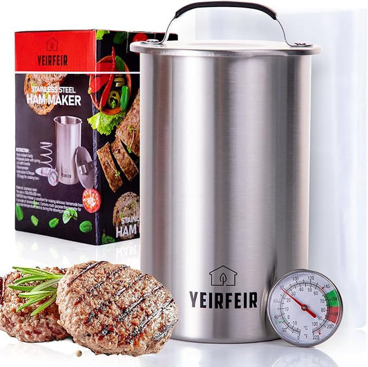 Ham Press with Large Dial Thermometer, 304 Stainless Steel Deli Meat Maker with Cool-Touch Handle for Homemade Healthy Lunch Meat, Includes 20 Cooking Bags & Recipes - YEIRFEIR