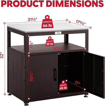 Feasto Metal Outdoor Potting Bench with Storage Cabinet for Garden Work | Durable Metal Cabinet & Stainless Steel Top, Open Middle Shelf, Raised Edge & Adjustable Feet, for Patio, Lawn & Greenhouse
