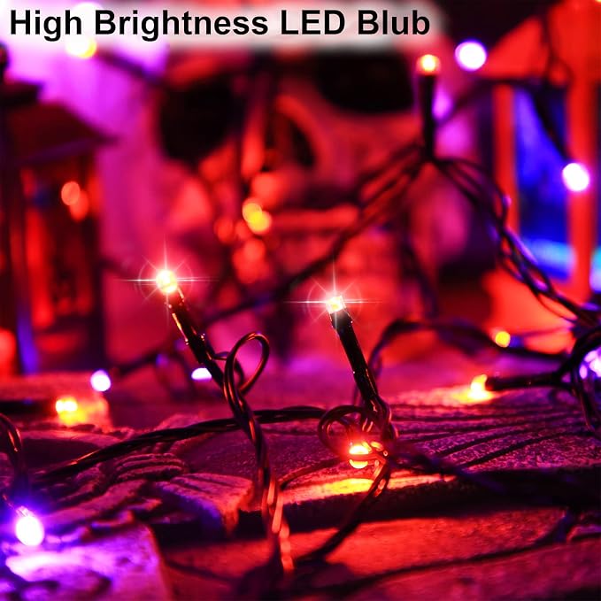 Solar Halloween String Lights, Orange Purple 200Led, Outdoor | 2 Pack Total 400Led 144Ft 8 Mode, IP44 Waterproof Outside Fairy Lights for Tree, Garden, Patio, Lawn, Yard Decorations
