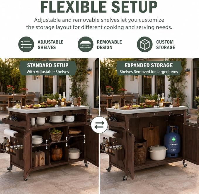 Outdoor Kitchen Island, 50.25" Rolling Grill Table with Storage Cabinet, 201 Stainless Steel Top Outdoor Bar Cart, Solid Fir Wood BBQ Prep Station with Adjustable Shelves, Spice Rack (Dark Brown)
