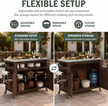 Outdoor Kitchen Island, 50.25" Rolling Grill Table with Storage Cabinet, 201 Stainless Steel Top Outdoor Bar Cart, Solid Fir Wood BBQ Prep Station with Adjustable Shelves, Spice Rack (Dark Brown)