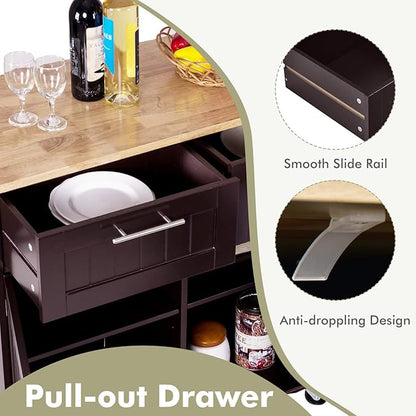 COSTWAY Kitchen Island on Wheels, Kitchen Cart with Side Towel Bar, 2 Drawers, 2 Door Cabinet, Rolling Storage Trolley Cart with Rubber Wood Top & Lockable Casters (Brown)