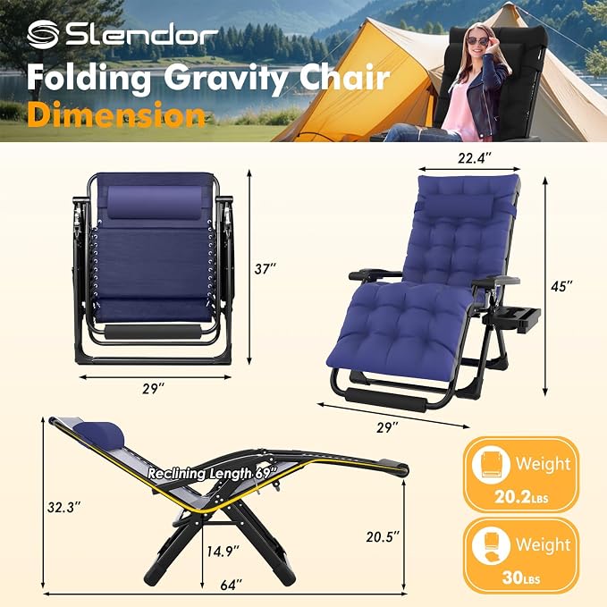 Slendor Oversized Zero Gravity Chairs XL, 29in Padded Recliner Chair, Blue | Reclining Lounge Chair, Folding Anti Gravity Chairs w/Aluminum Alloy Lock,Headrest,Cup Holder, Support 440lbs,for Lawn Patio