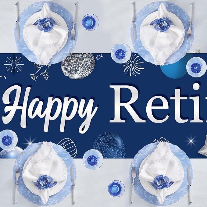 Happy Retirement Table Runner, Navy Blue Sliver Retirement Theme Linen Fabric Table Runner for Everyday Use 72 x 13 Inches, Washable Table Cover for Indoor Outdoor Kitchen Dining Table Decor