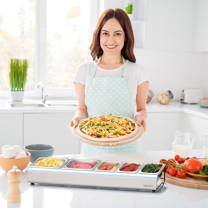 Onlyfire Pizza Topping Station, Stainless Steel Condiment Seasoning Containers with Lid and 5 Compartment Trays for Prepping Ingredients and Toppings, Pizza Oven Accessories Outdoor