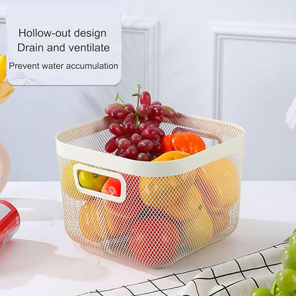 AJIODA Metal Mesh Steel Baskets, Household Wire Storage Organizer Bin Garden Harvest Basket Multi-functional Fruit Baskets with Handles for Kitchen Bathroom Picnic Shopping Decor Cabinet Home, Beige