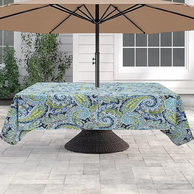 60"x84" Rectangle Tablecloth with Umbrella Hole and Zipper, Washable Waterproof Wrinkle Free Zippered Patio Table Cloths Table Covers for Spring, Party, Backyard, Picnic, BBQS (Paisley Lapis Green)