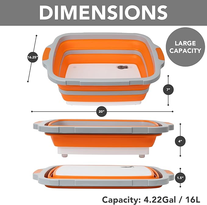 Tiawudi Large Collapsible BBQ Prep Tub with Locking Lid, Basket for Meal Prep Marinating Food Storage, Plastic Cutting Board(4.22 Gal/16L), Camping Sink with Colander, Dish Basin