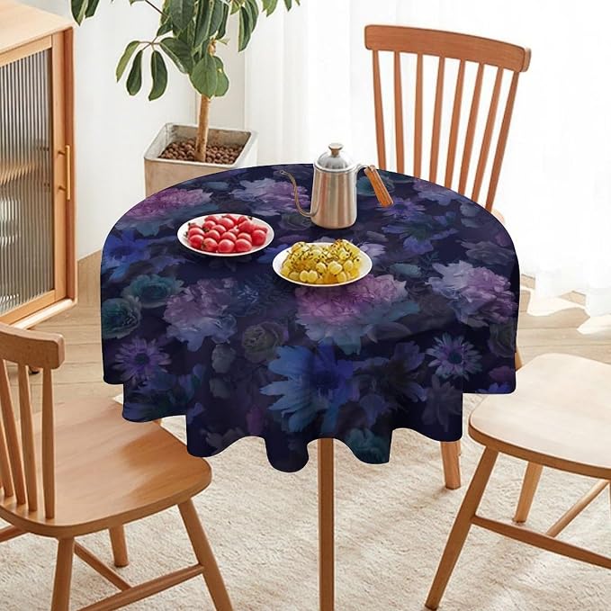 Vintage Flower Round Tablecloth, Gothic Garden Dark Florals Rustic Roses Boho Botanical Plant Water Resistant Wipeable Table Cover for Picnic Party Holiday Kitchen Dinner Table 70"