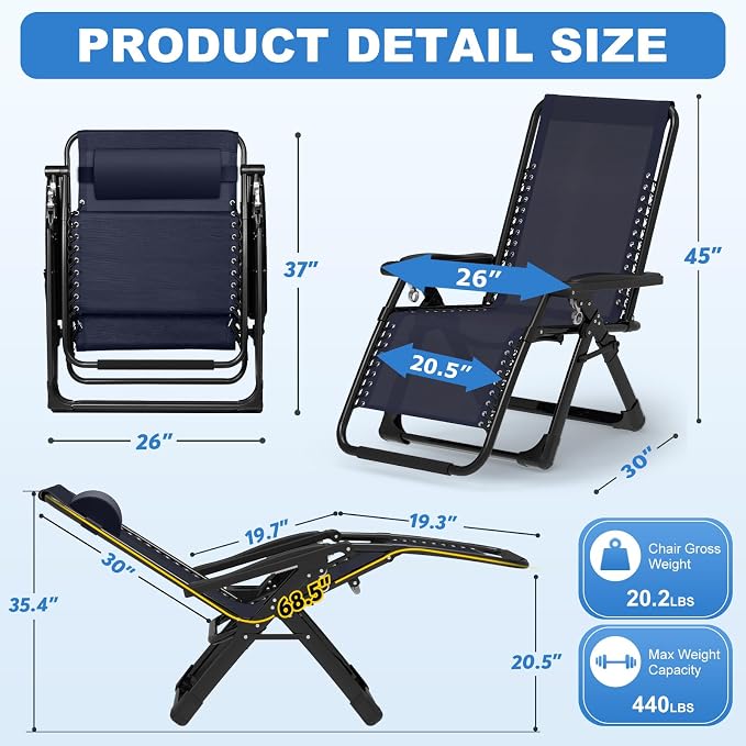 Slendor Zero Gravity Chair, Recliner Lounge Chairs with Cushion, Royal Blue | Reclining Lounge Chair, Folding Anti Gravity Chairs w/Upgraded Lock, Removable Upgraded&Headrest, 440lbs, for Indoor Outdoor