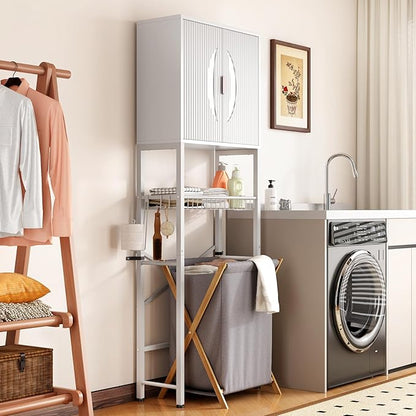 Kalrin Over The Toilet Storage Cabinet with Fluted Wave Doors and Adjustable Shelf, Wood Over Toilet Storage Rack with Drain Basket, Freestanding Bathroom Organizer for Balcony Laundry, Pure White