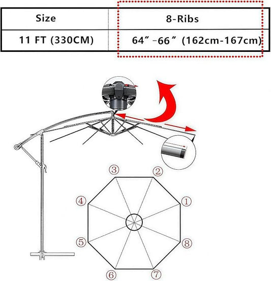 11FT Cantilever Patio Umbrella Replacement Canopy, 8 Ribs 64"-66", Upgraded 600D 220GSM Heavy-Duty Fabric, Waterproof & UV Resistant (Canopy Only)