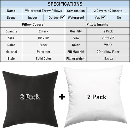 Outdoor Throw Pillows with Inserts, Waterproof Pillows for Outdoor Seating, Square Decorative Garden Cushion for Patio Furniture, Bed, Couch, Sofa(Black, 18" x 18" (Pack of 2))