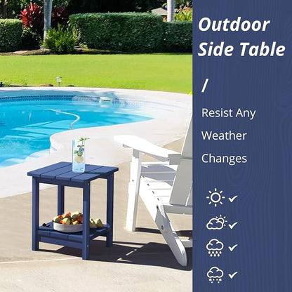 LUE BONA Outdoor Side Table, 2-Tier HDPS Small Patio Table, Navy | 2-Tier Shelf for Extra Storage, Small End Table for Pool, Porch, Balcony, Weather Resistant HDPS, Easy Clean