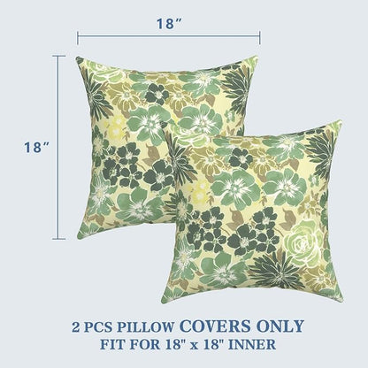 LVTXIII 2 Pack Outdoor Pillow Covers ONLY 18x18 Inch, Water-Repellent Square Decorative Cushion Covers for Patio Furniture, Garden, Sofa, Green Rose