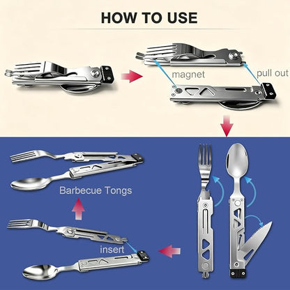 5 in 1 Detachable Camping Utensils Flatware Set, Multifunction Travel Pocket Cutlery Folding Spoon Fork Knife Grill Barbecue BBQ Tongs Bottle Opener, Portable Combo Set 420J2 Stainless Steel