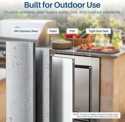 24 Inch Outdoor Beverage Refrigerator Holds Up to 180 Cans for Soda, Beer, Built-In or Freestanding Outdoor Fridge with Stainless Steel Door for Outdoor Kitchen, Patio, Home Bar