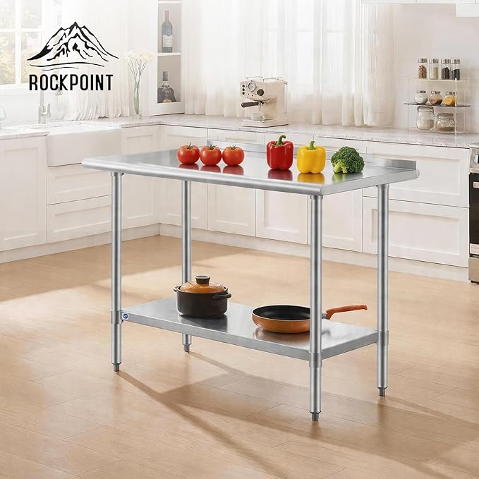 ROCKPOINT SS304 Top All Stainless Steel Table for Prep & Work with Backsplash 24x48 Inches, NSF Commercial Kitchen Heavy Duty Table with Adjustable Undershelf for Restaurant,Kitchen, Home and Hotel