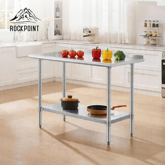 ROCKPOINT SS304 Top All Stainless Steel Table for Prep & Work with Backsplash 24x48 Inches, NSF Commercial Kitchen Heavy Duty Table with Adjustable Undershelf for Restaurant,Kitchen, Home and Hotel