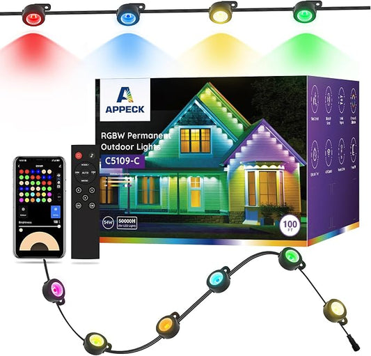 APPECK Permanent Outdoor Lights 100FT with 72 LEDs, Smart Eaves Lights RGBW | IP65 Waterproof Outdoor String Lights, DIY Scene Modes, App/Remote Control, for Christmas/Holidays, Alexa Compatible, Black