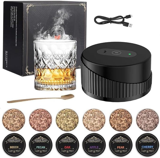 Electric Whiskey Smoker Kit, Electric Cocktail Smoker Kit with 6 Flavors Wood Chips, Rechargeable Cocktail Drink Smoker Kit Built in Lighter, Drinks Smoker Kit for Men, Father, Husband
