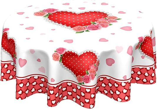 Sweetshow Valentines Day Table Cloth Round Red Hearts Pink Rose Flower Tablecloth 60 Inch with Check Plaid Decor Washable Stain and Wrinkle Love Romantic Round Table Cover for Dining Picnic