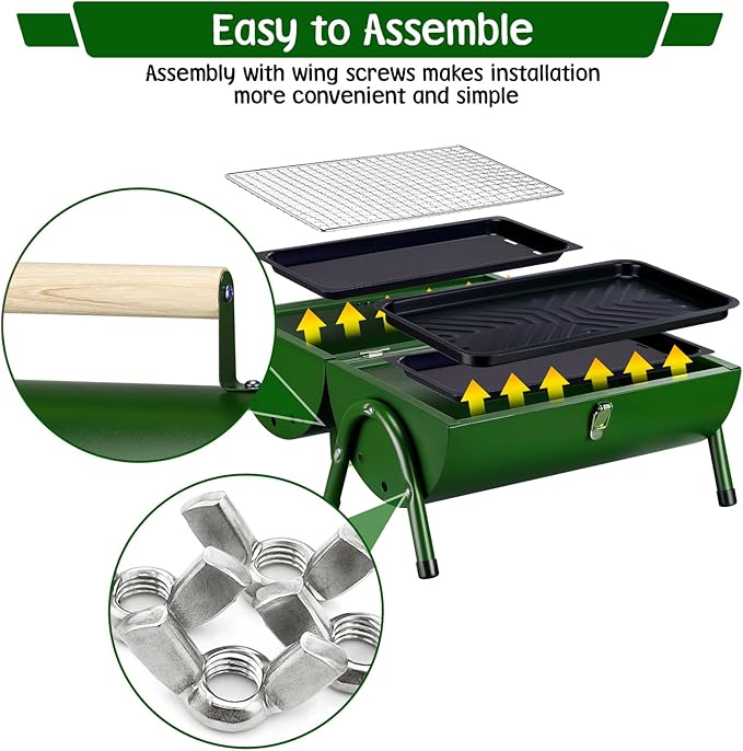PIQUEBAR Portable Charcoal Grill, Small BBQ Grill with Smoker Double-Side Use Outdoor for Camping, Tabletop Compact Barbecue Grill, Grass Green