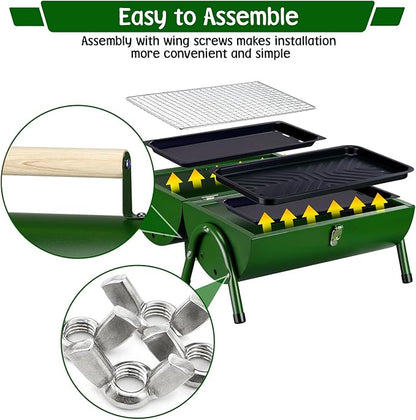 PIQUEBAR Portable Charcoal Grill, Small BBQ Grill with Smoker Double-Side Use Outdoor for Camping, Tabletop Compact Barbecue Grill, Grass Green