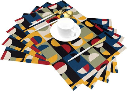 Retro Mid Century Modern Placemats Set of 4 Linen 12x18 Inch | Washable Non-Slip Heat-Resistant Decorative Kitchen Table Mats for Dining Outdoor Home Decor